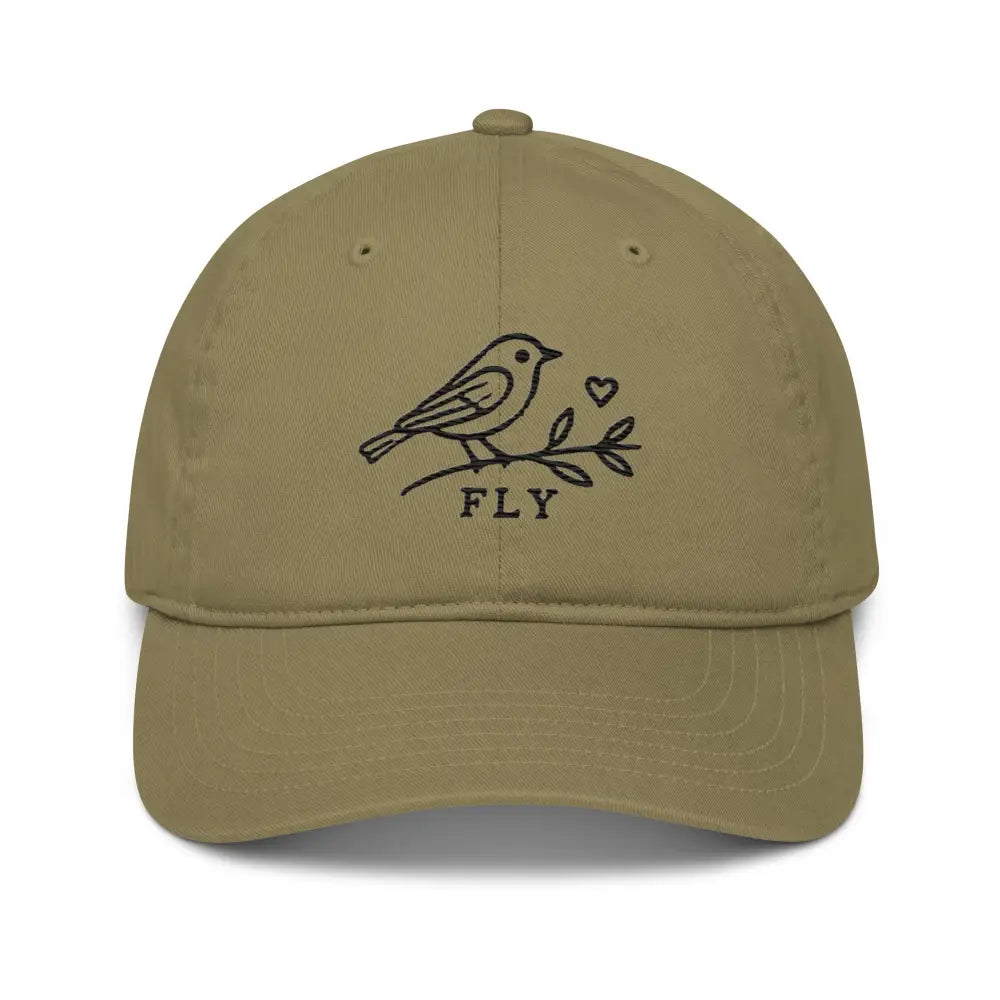 Olive green Trini Skies cotton dad hat with embroidered bird and branch