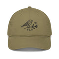Olive green Trini Skies cotton dad hat with embroidered bird and branch