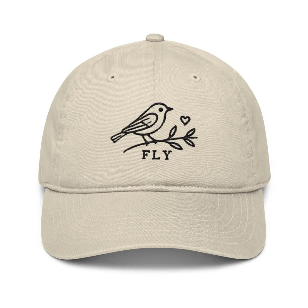 Beige cotton dad hat with Trini Skies embroidered bird, branch, heart
