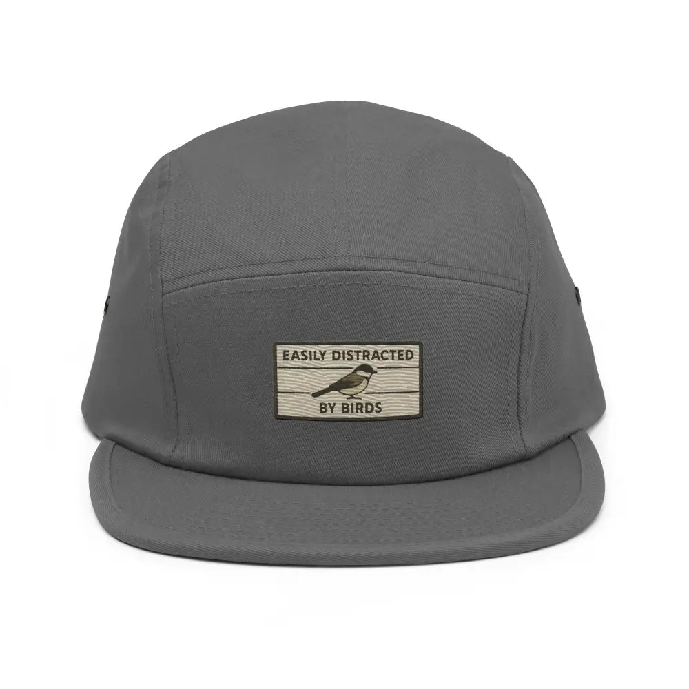 Gray embroidered bird hat five panel camping cap with nylon strap clip closure