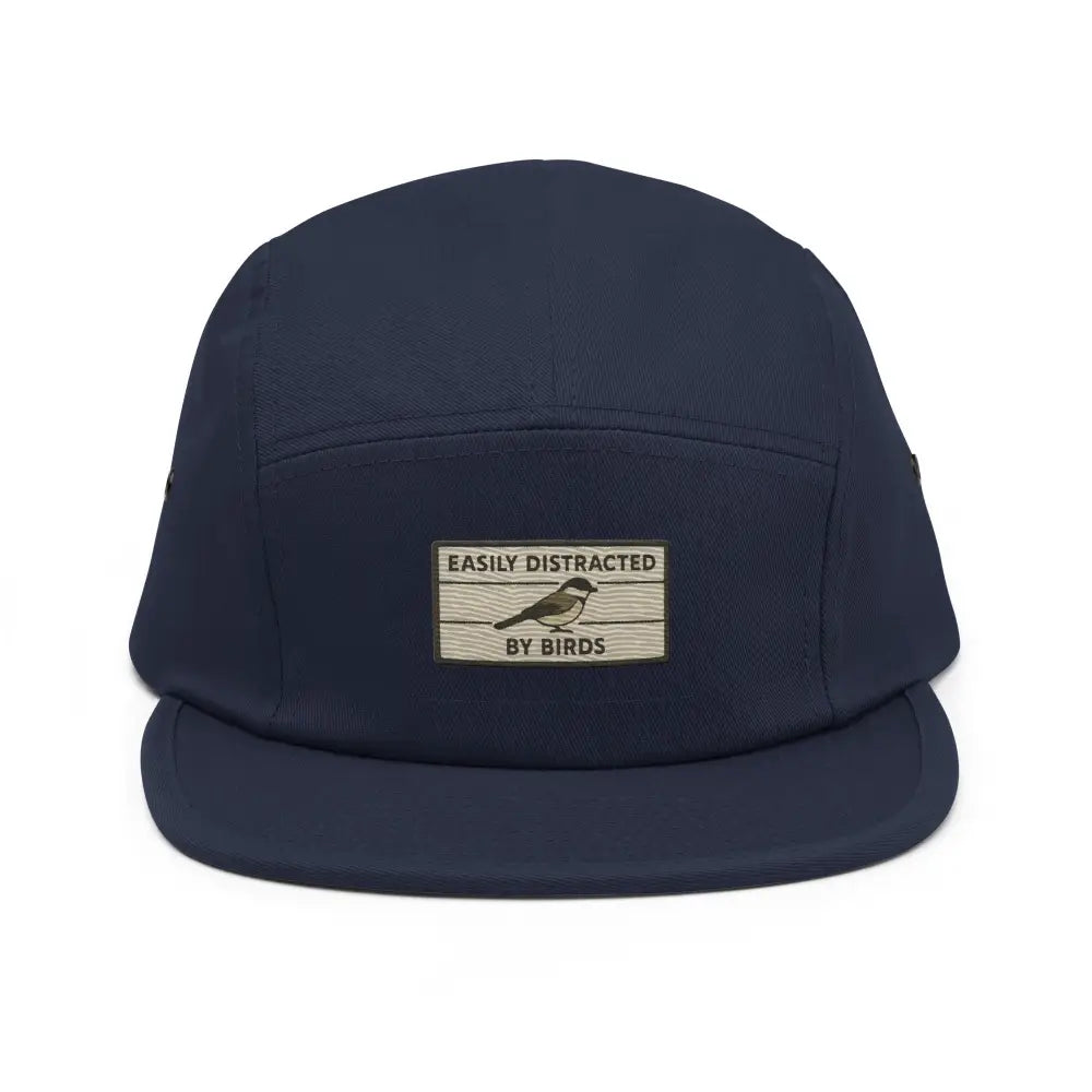 Dark blue embroidered bird hat with panel camping cap design and nylon strap clip closure