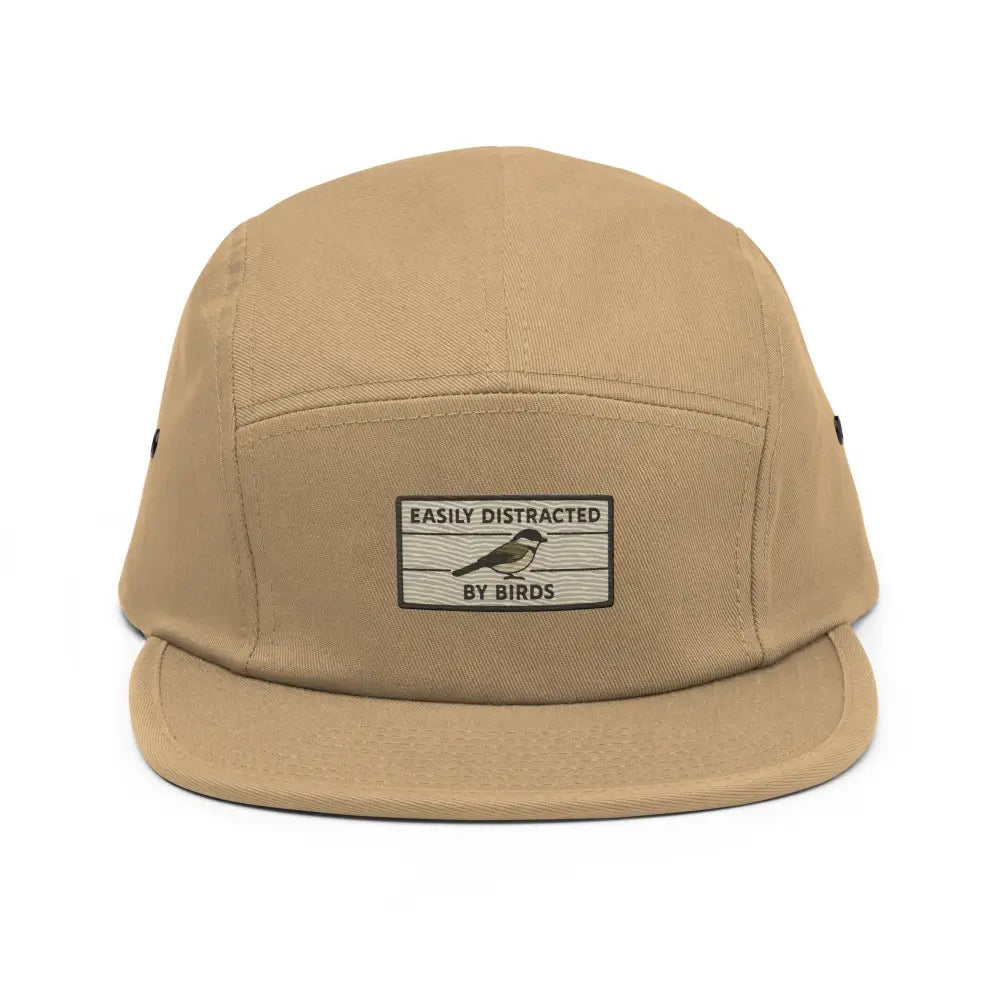 Tan embroidered bird hat five panel camping cap with nylon strap clip closure
