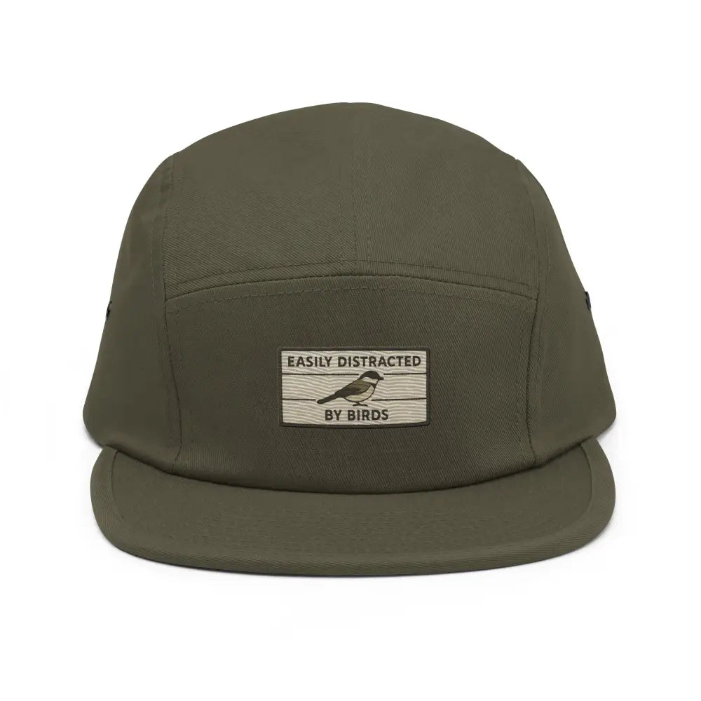 Olive green five-panel camping cap with embroidered bird patch and nylon strap clip closure