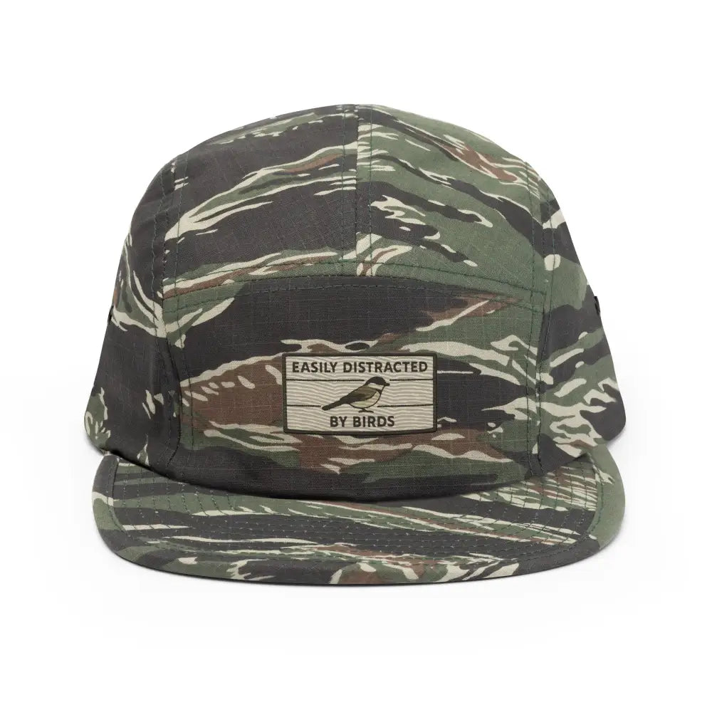 Embroidered bird hat with camouflage print on 5-panel camping cap, nylon strap clip closure