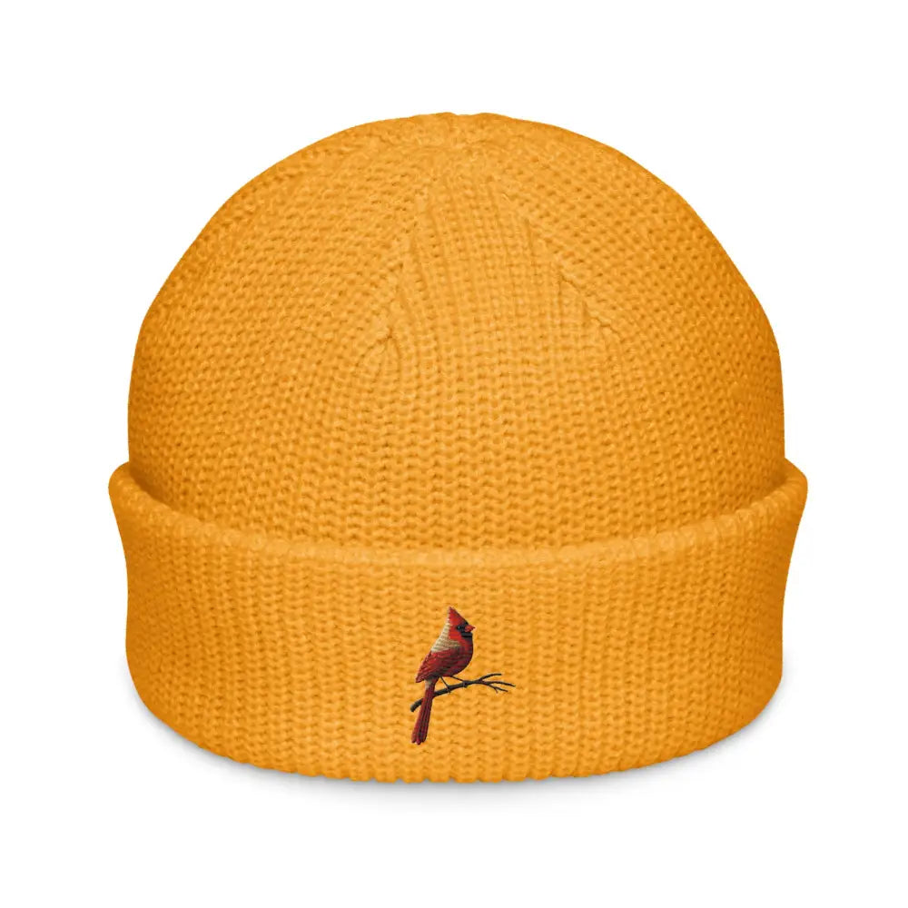 Bright yellow embroidered fisherman beanie with red cardinal bird hat