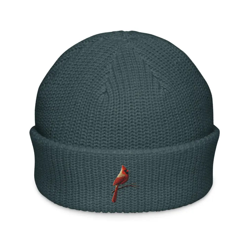 Teal embroidered fisherman beanie with red bird hat cardinal by Trini Skies