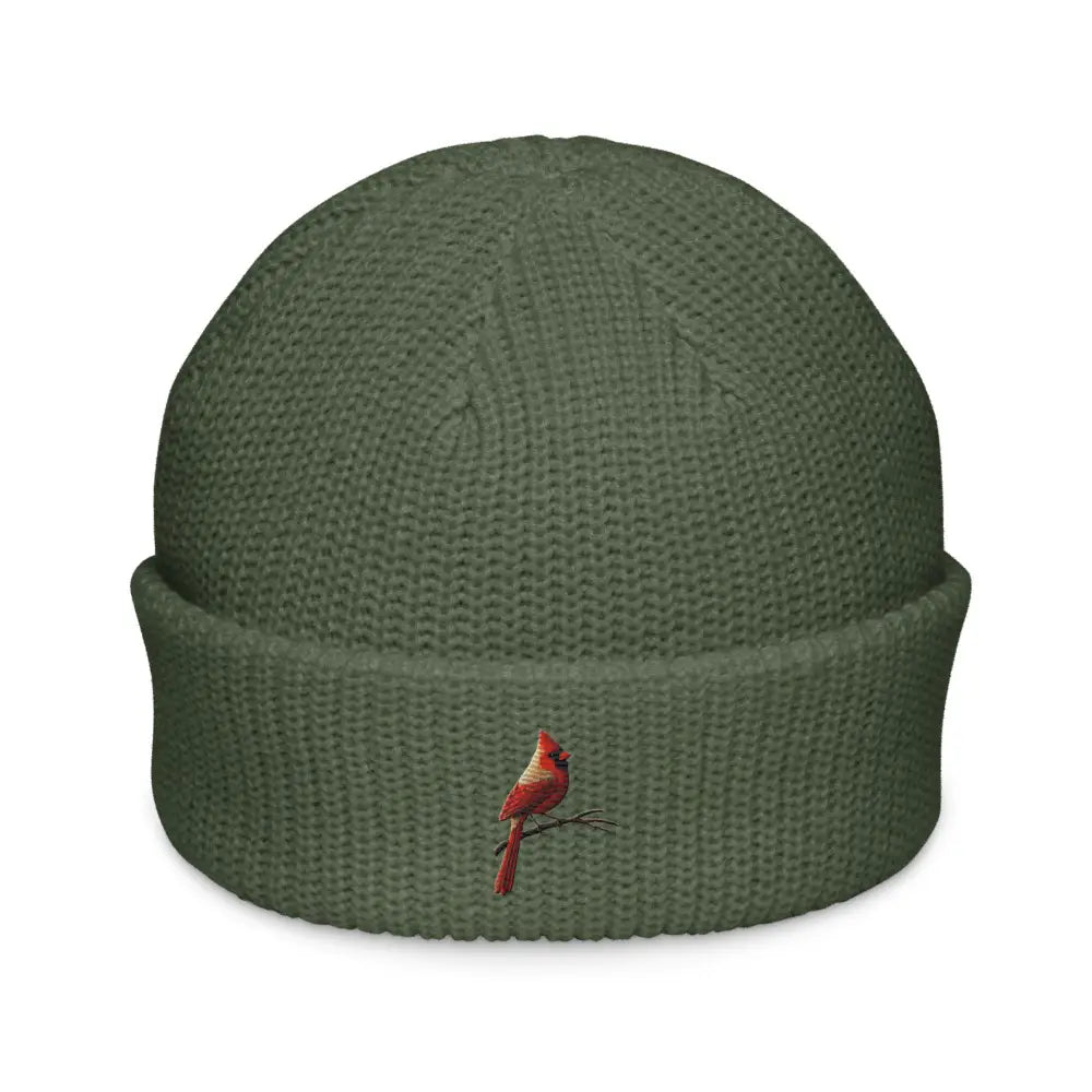 Trini Skies embroidered fisherman beanie with red cardinal bird hat