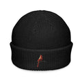Black embroidered fisherman beanie with red cardinal bird hat design