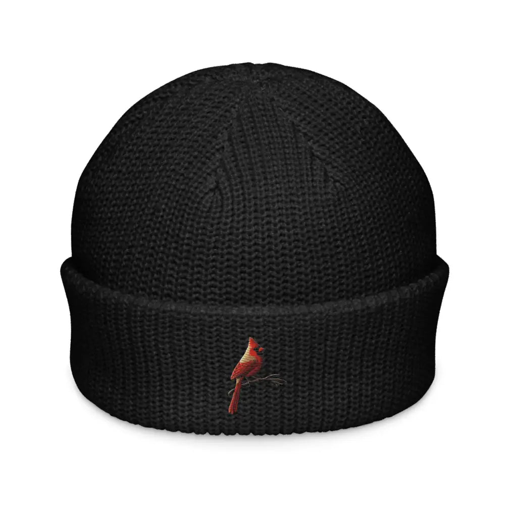 Black embroidered fisherman beanie with red cardinal bird hat design