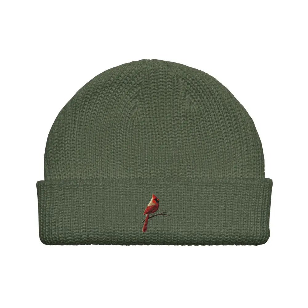 Olive green Trini Skies embroidered fisherman beanie with cardinal bird on cuff