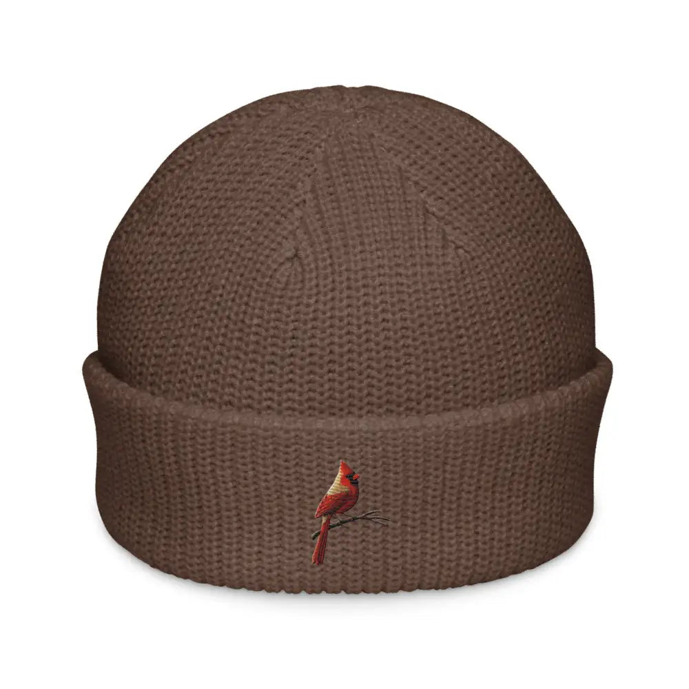 Brown embroidered fisherman beanie with red cardinal bird hat design