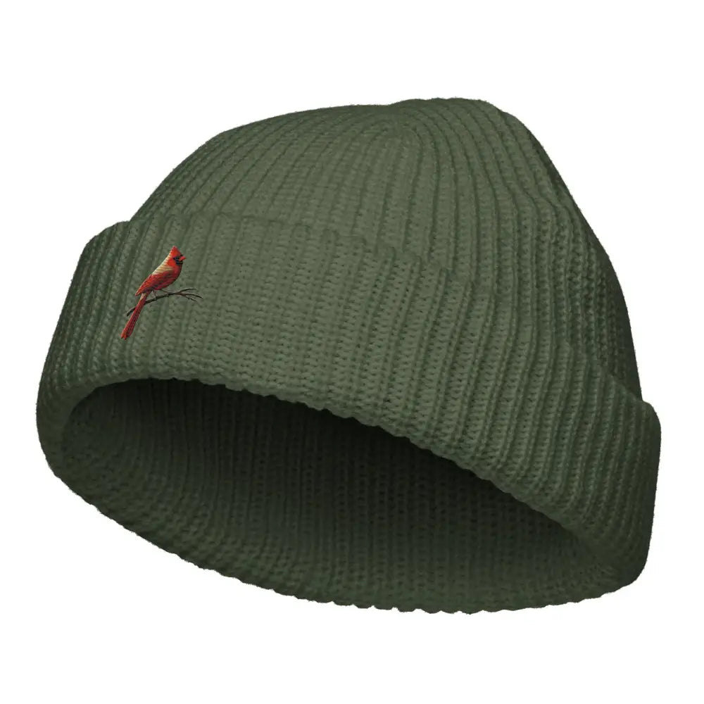 Olive green Trini Skies embroidered fisherman beanie with red cardinal bird on cuff
