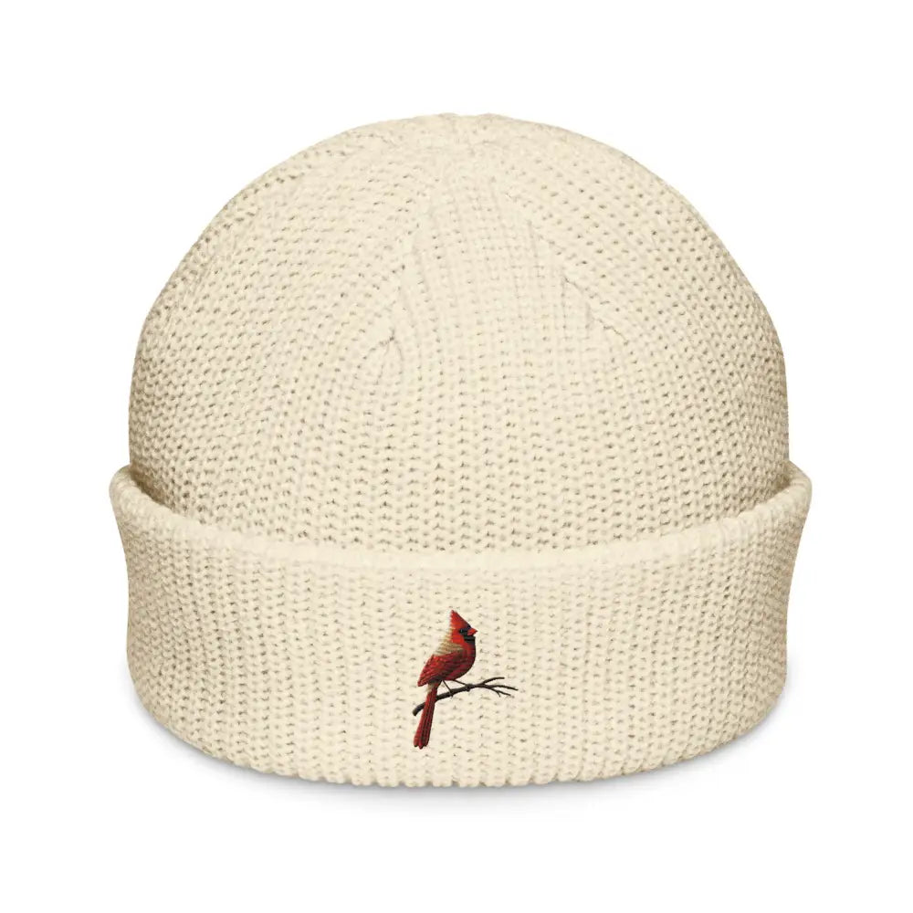 Trini Skies embroidered fisherman beanie with red cardinal bird hat