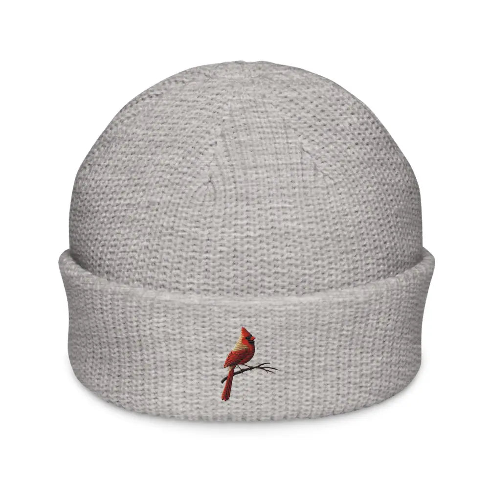 Light gray ribbed embroidered fisherman beanie with red cardinal bird hat embroidery