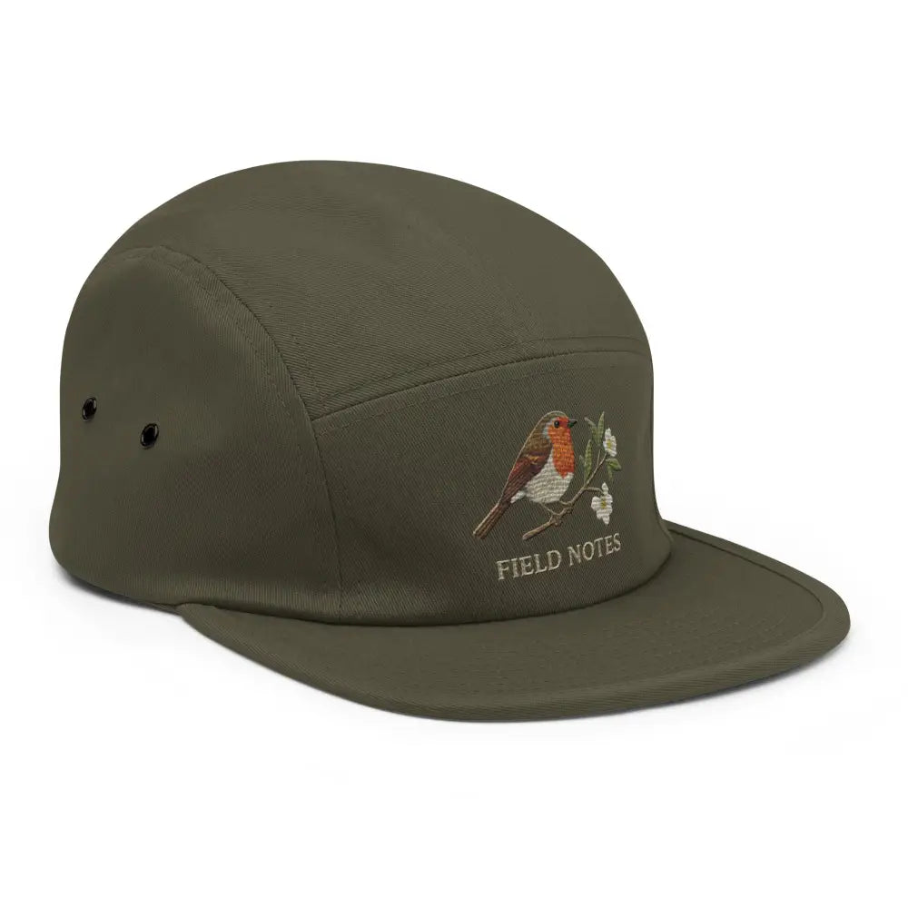 Olive green robin bird embroidered 5-panel Trini Skies camp hat