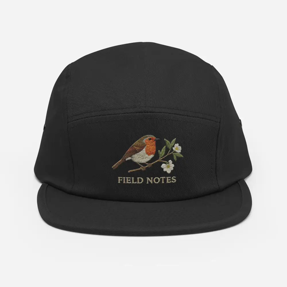 Olive green 5-panel camp hat with robin bird embroidery