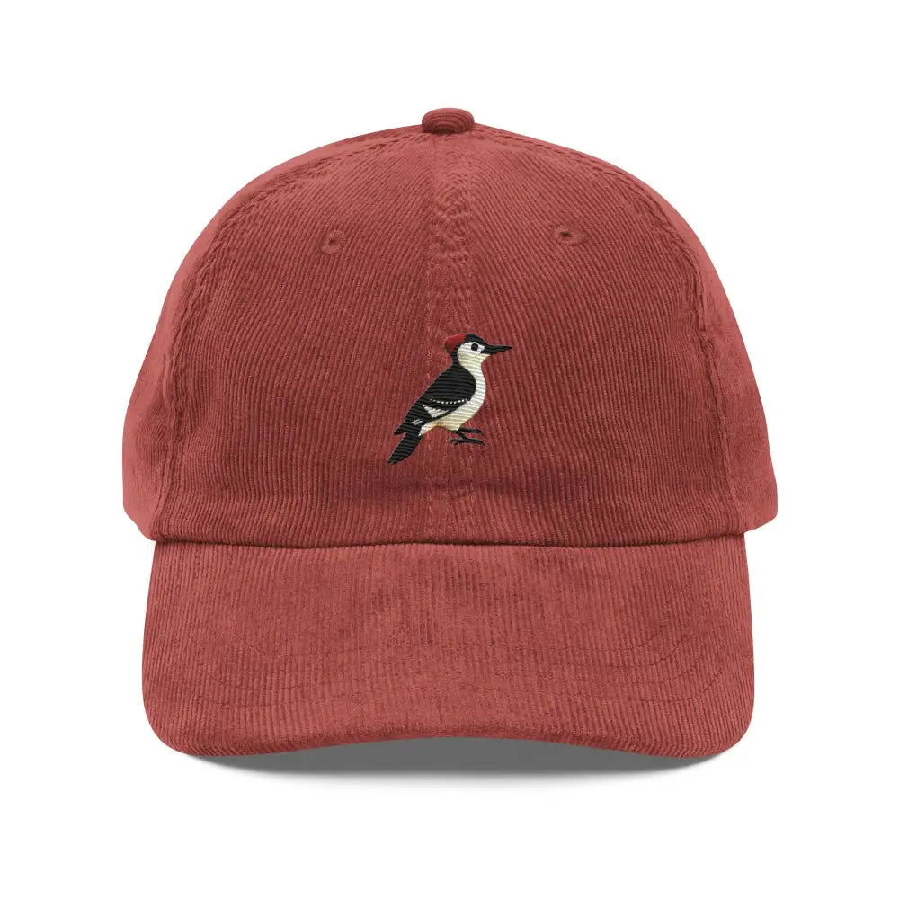 Woodpecker embroidered vintage corduroy baseball cap in reddish-brown