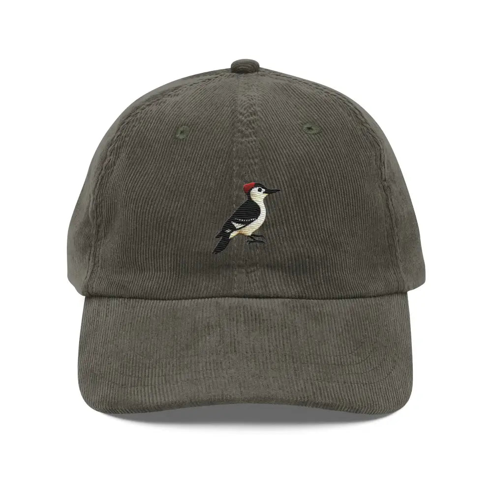 Woodpecker embroidered vintage corduroy baseball cap in olive green
