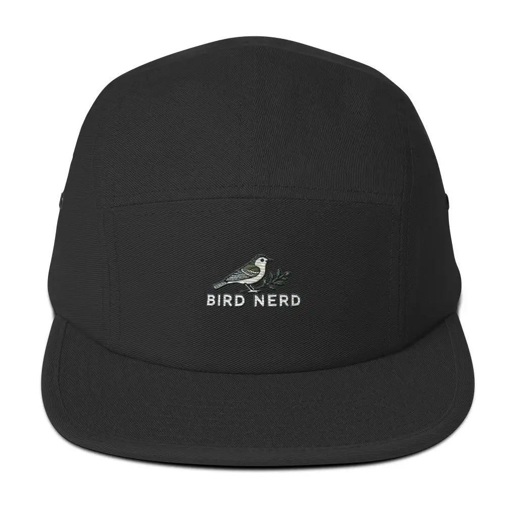 Bird Nerd embroidered black five-panel cap with bird design