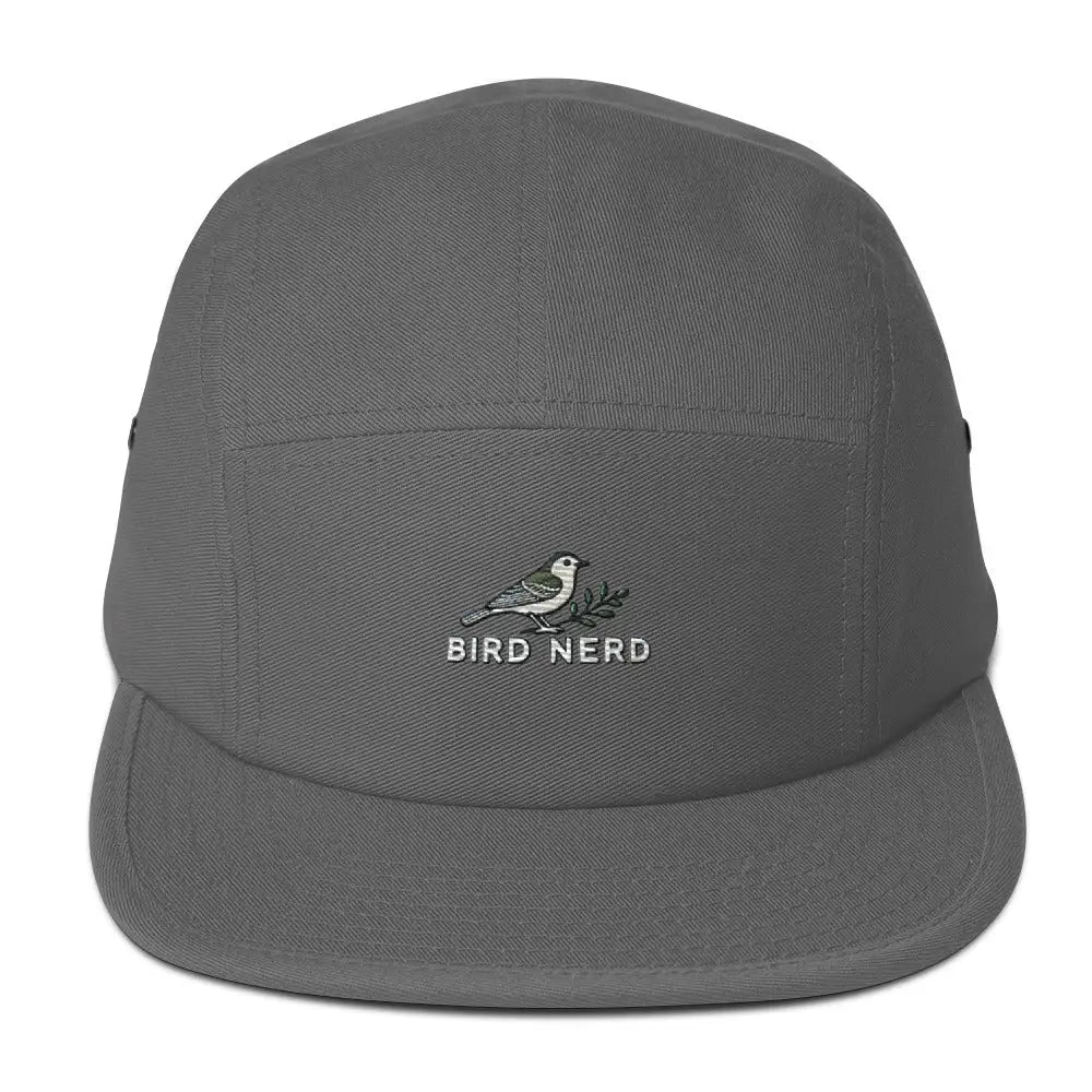 Bird Nerd Embroidered dark gray five-panel cap with bird and branch design