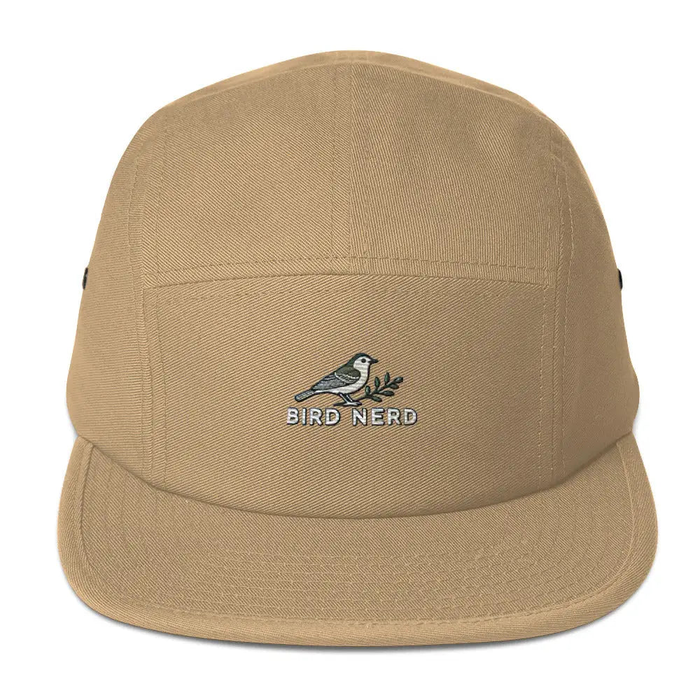 Tan Bird Nerd Embroidered Five-Panel Cap with Bird Design