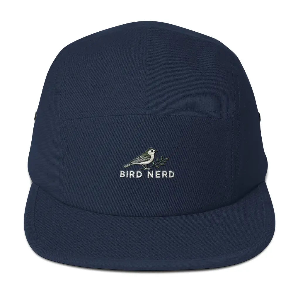 Bird Nerd Embroidered navy blue five-panel cap with bird and branch design