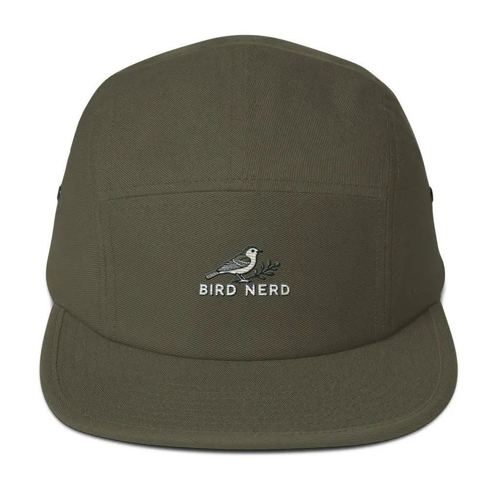 Bird Nerd Embroidered olive green five-panel camper cap with bird