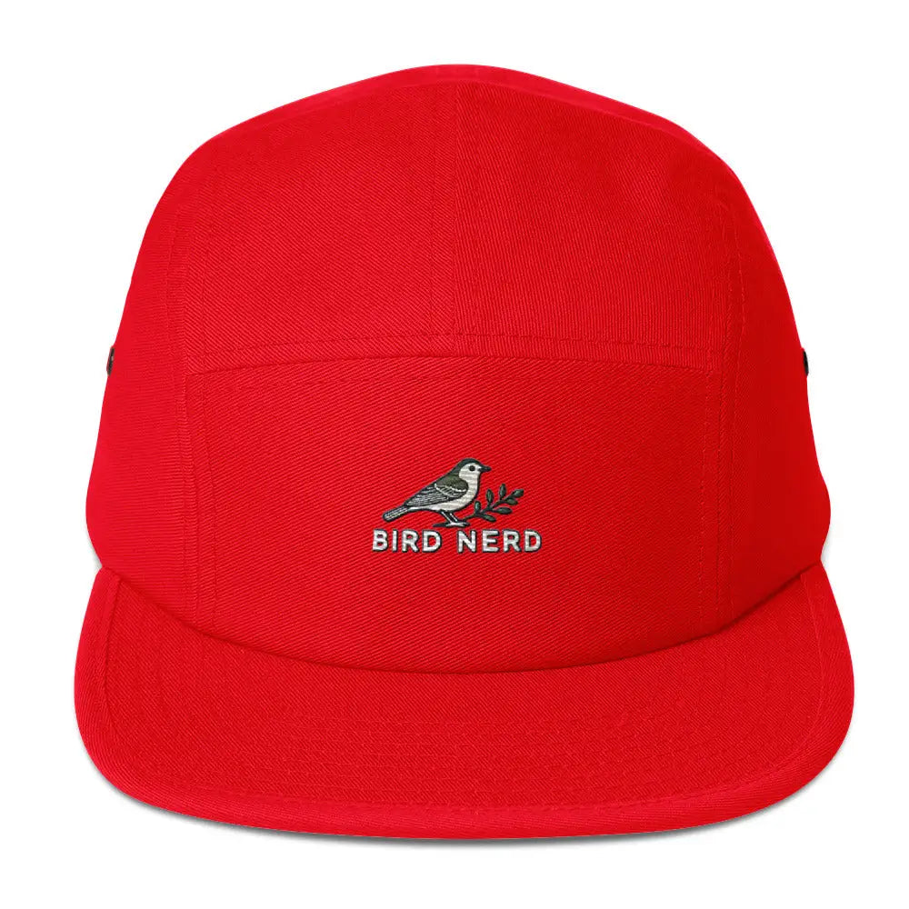 Red Bird Nerd embroidered five-panel camper hat with bird design