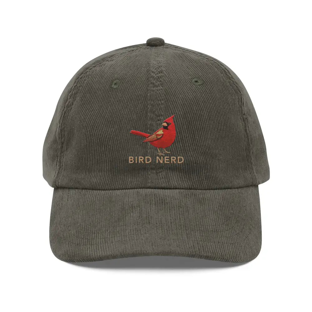 Bird Nerd Embroidered Olive Green Vintage Corduroy Cap with Red Cardinal, Trini Skies