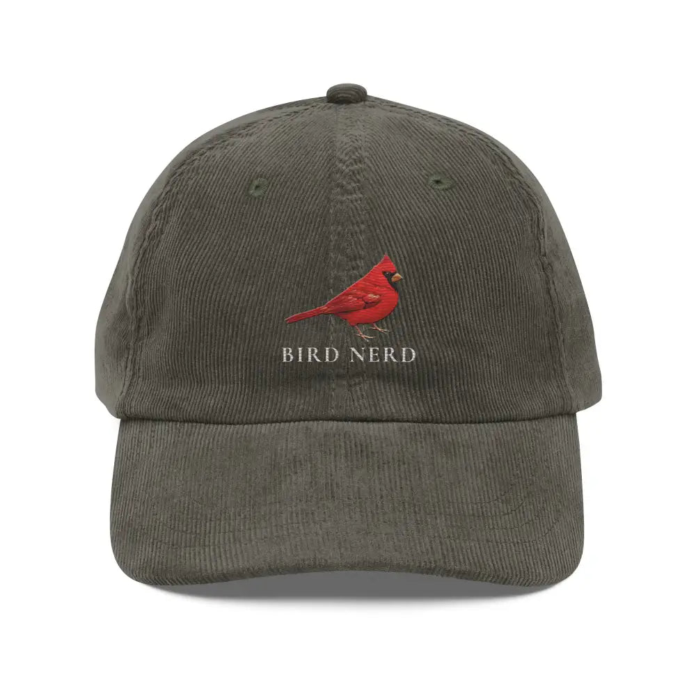 Bird Nerd Cardinal Embroidered Olive Green Vintage Corduroy Cap