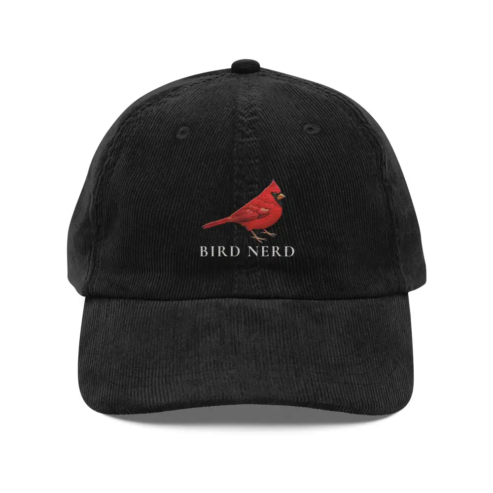 Bird Nerd embroidered vintage corduroy cap with red cardinal