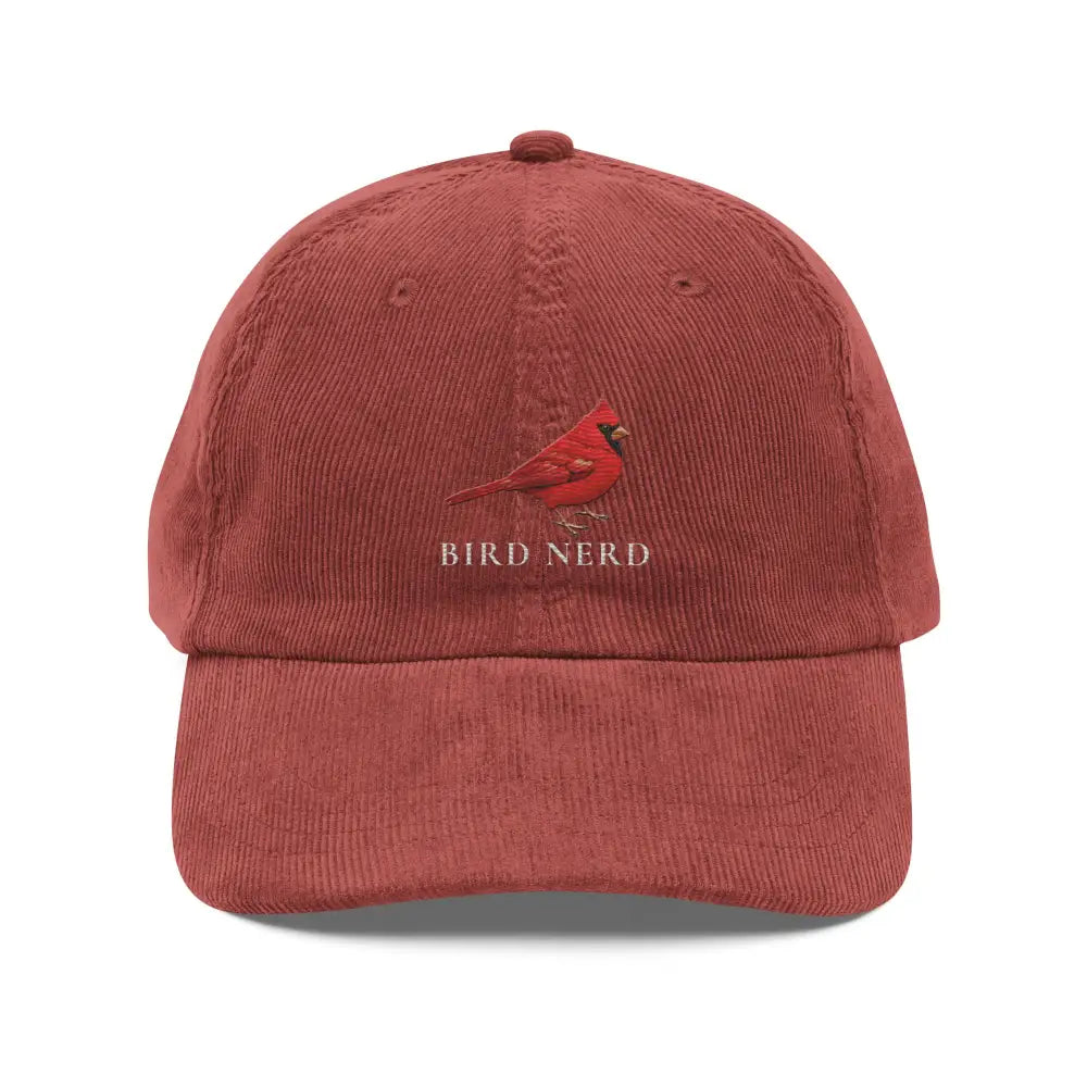 Bird Nerd Embroidered Red Corduroy Cap with Cardinal Bird