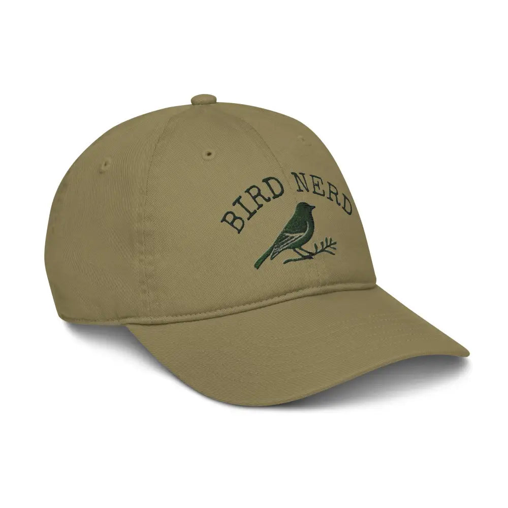 Tan bird nerd embroidered cap on organic cotton dad hat
