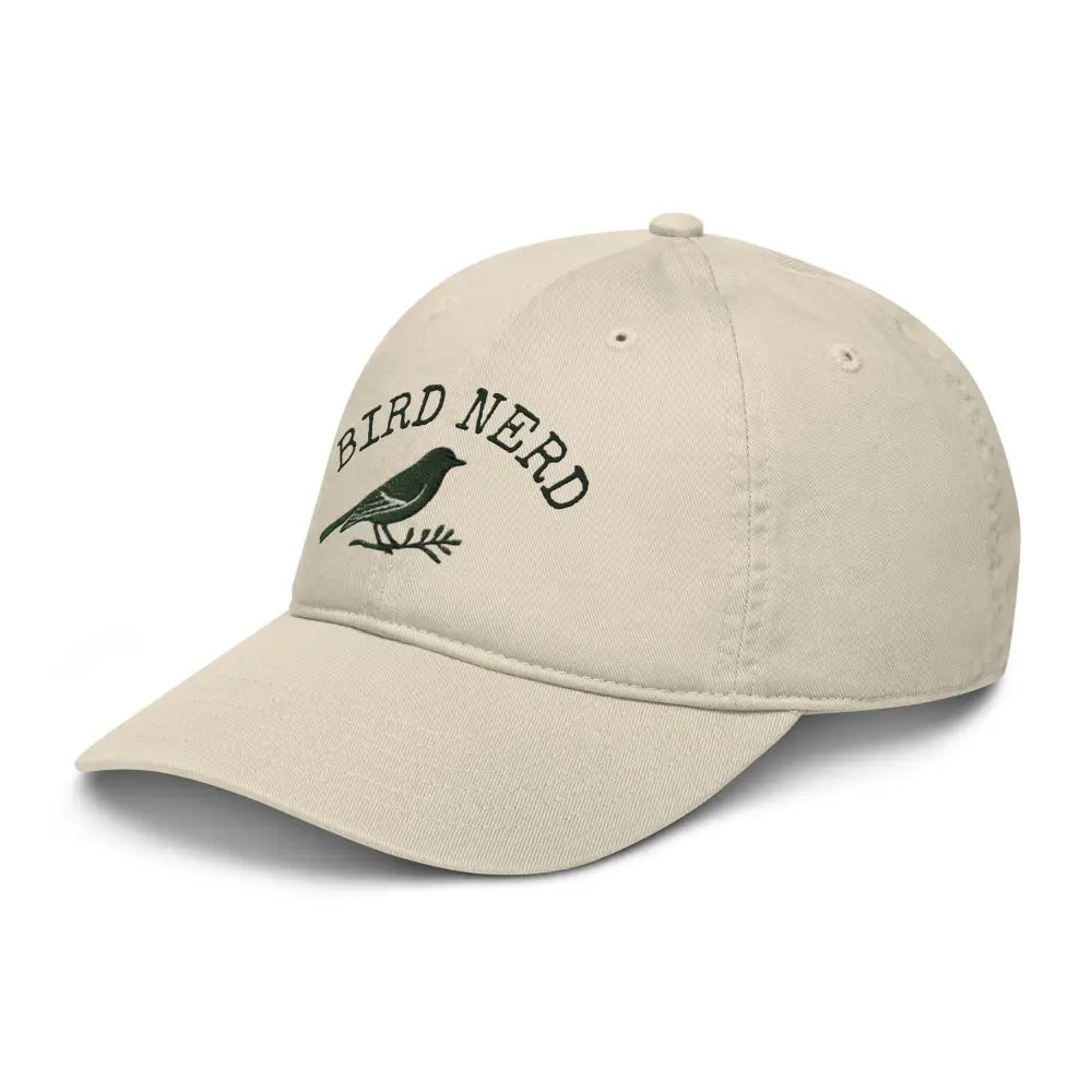 Beige bird nerd embroidered dad cap with organic cotton