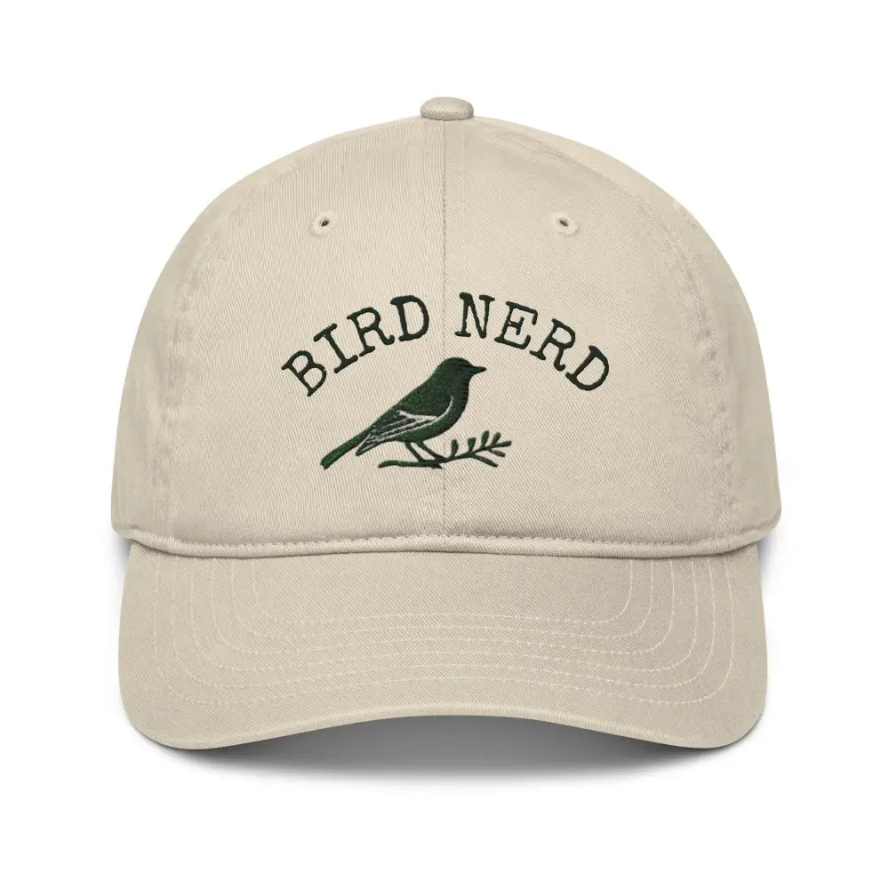 Bird Nerd embroidered organic cotton dad hat with green bird