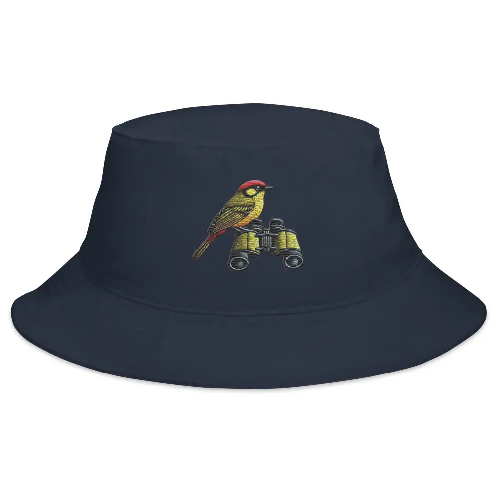 Navy blue bird watcher bucket hat with Trini Skies embroidered bird and binoculars