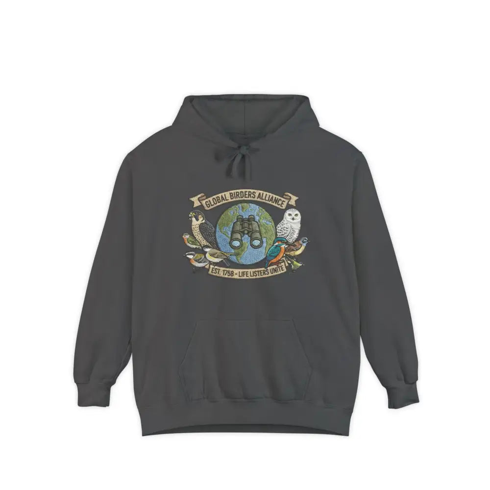 Charcoal gray bird watcher sweatshirt with Global Birders Alliance owl logo