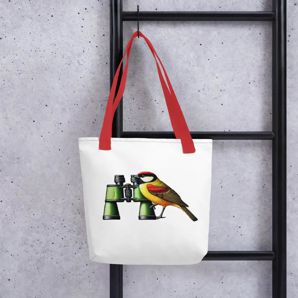 White bird watcher tote bag with red handles and binoculars bird graphic