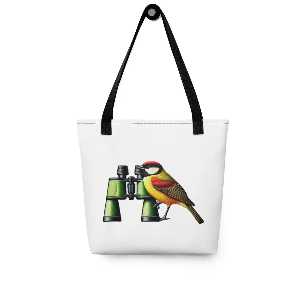 White bird watcher tote bag with bird and binoculars design