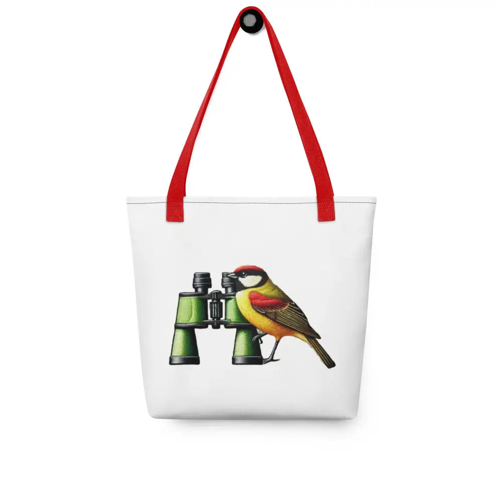 Bird watcher tote: white canvas bag with red handles, bird and binoculars design