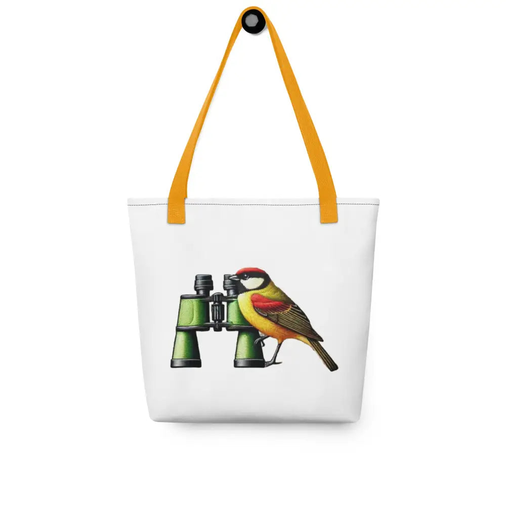 Bird watcher tote: white canvas bag with orange straps, bird and binoculars graphic