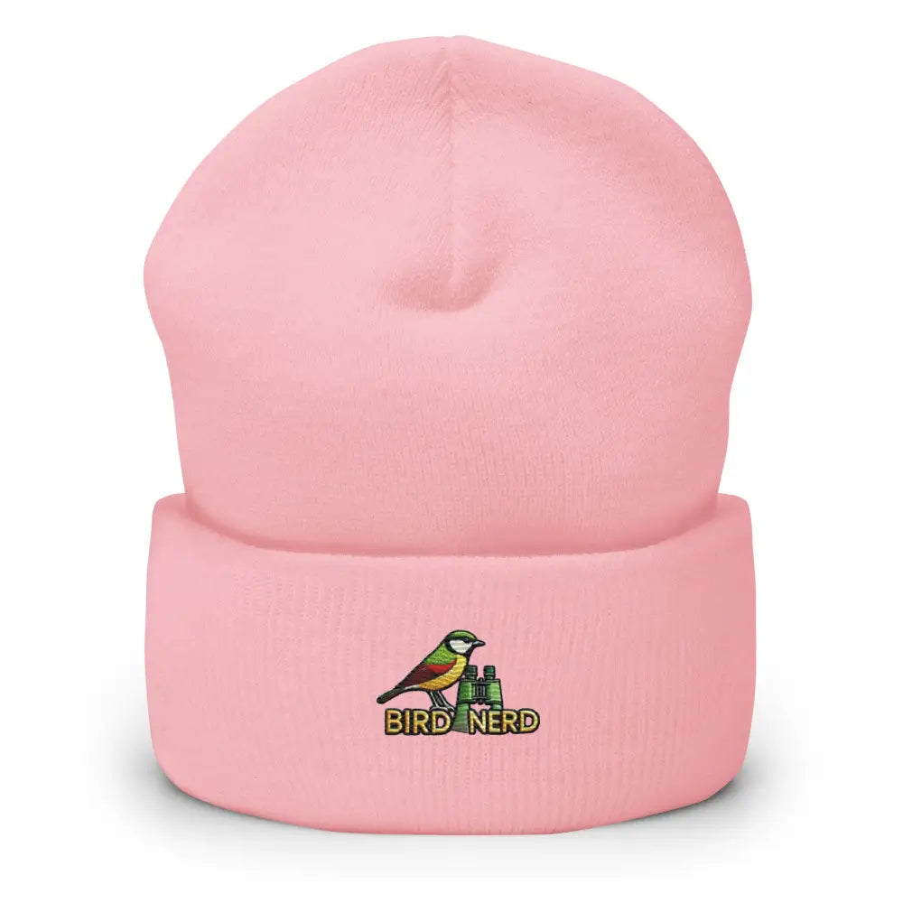 Pink knit nerd cuffed beanie with colorful bird and binoculars embroidery
