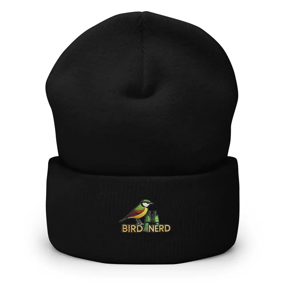 Black embroidered nerd cuffed beanie with bird and binoculars design