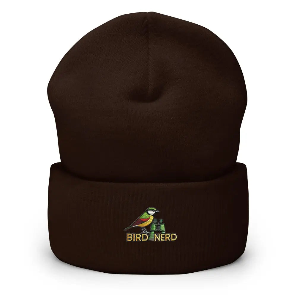 Brown knit nerd cuffed beanie with embroidered bird and binoculars design