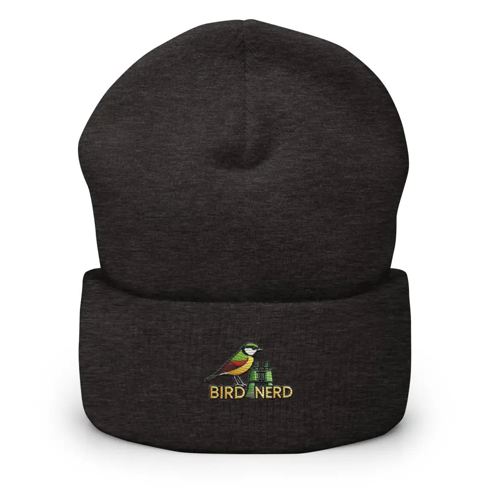 Dark gray nerd cuffed beanie with colorful bird and binoculars embroidery