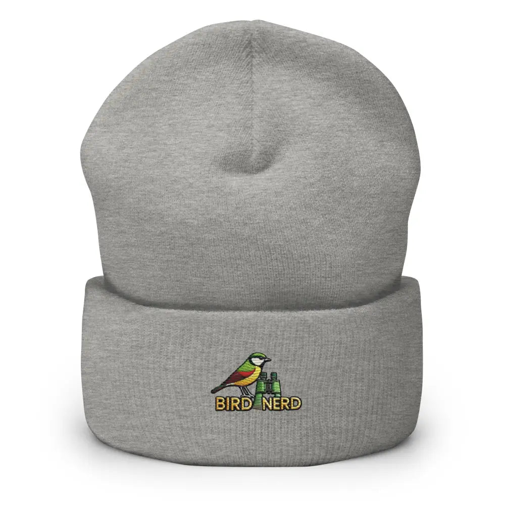 Gray nerd cuffed beanie with colorful bird and binoculars embroidery