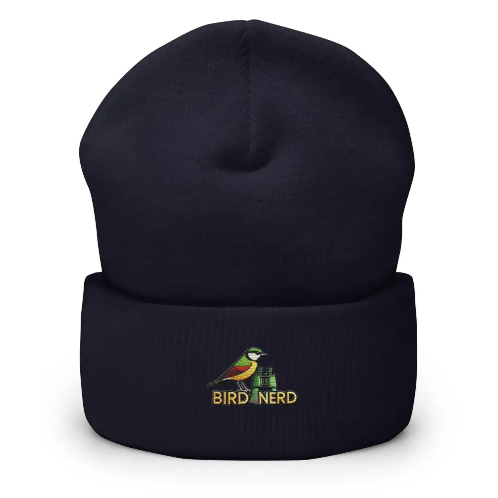 Dark blue nerd cuffed beanie with embroidered bird and binoculars