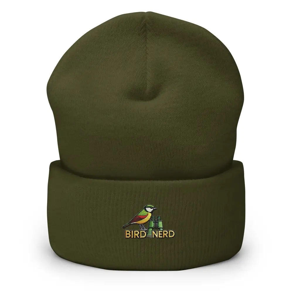 Olive green nerd cuffed beanie with embroidered bird and binoculars