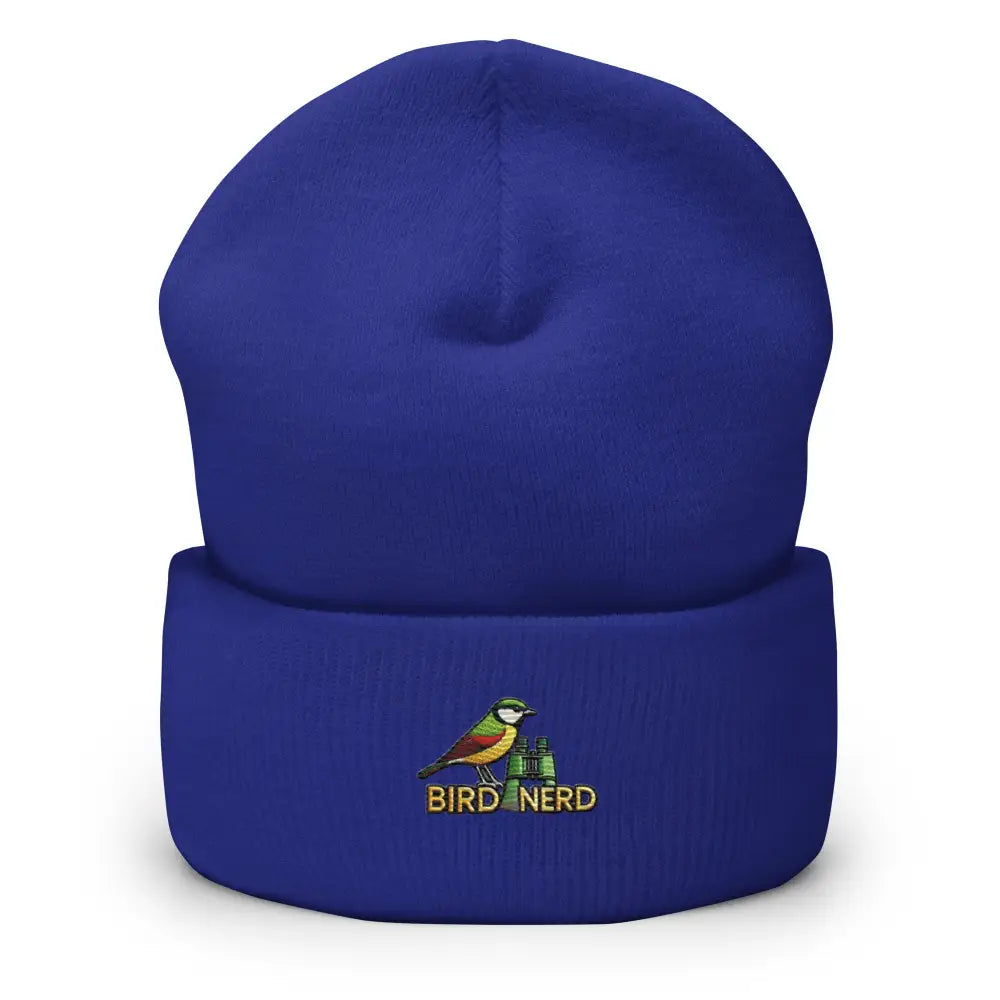 Royal blue knit nerd cuffed beanie with Bird Nerd embroidery
