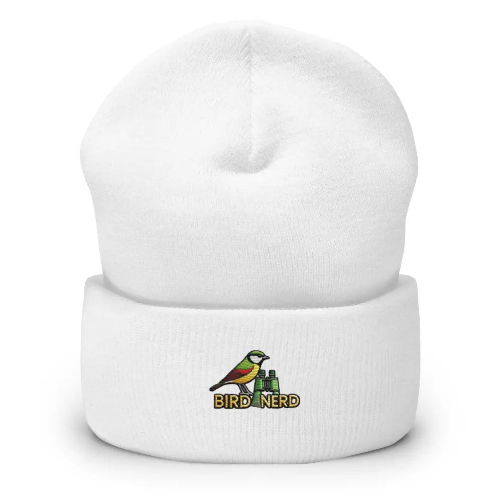 White nerd cuffed beanie with colorful bird and binoculars embroidery